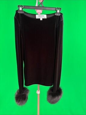 Chetta B Black Velvet Long-Sleeve Top with Fur Cuffs
